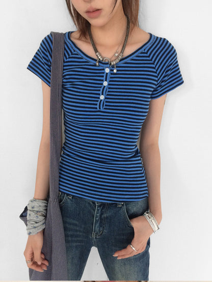 innomoood Blueberry Stripe Colorblock V-neck Open Front Slim Women&