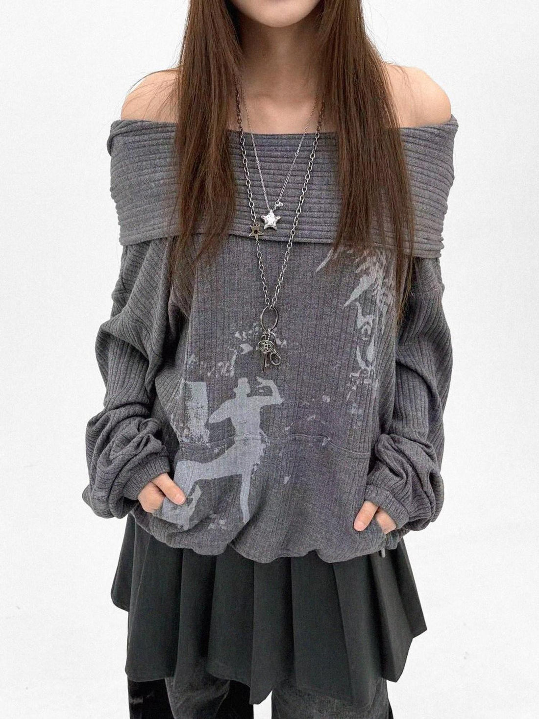 innomoood Cartoon Print Knit Off Shoulder Asymmetric Hooded Pullover Women&