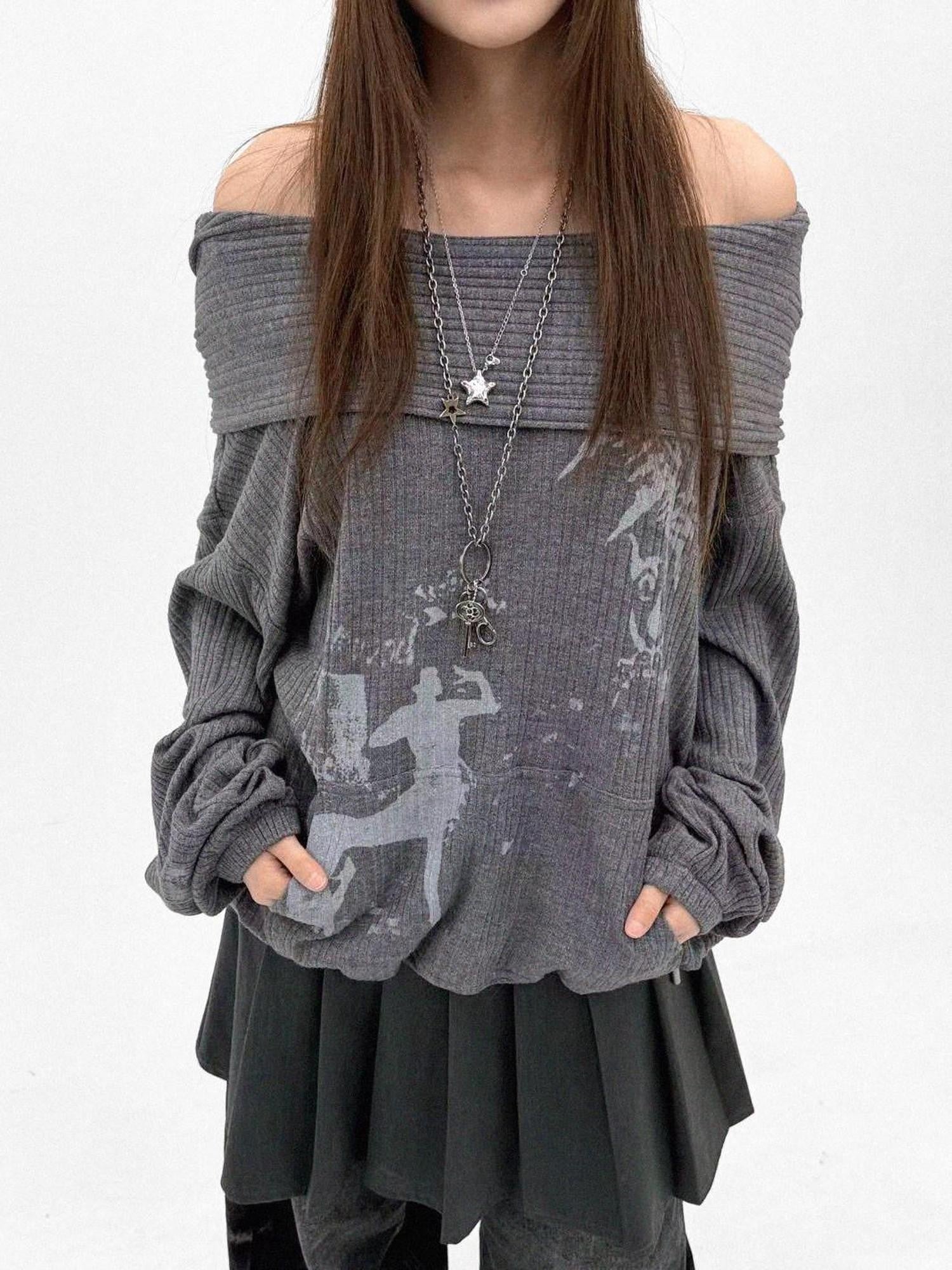 innomoood Cartoon Print Knit Off Shoulder Asymmetric Hooded Pullover Women&