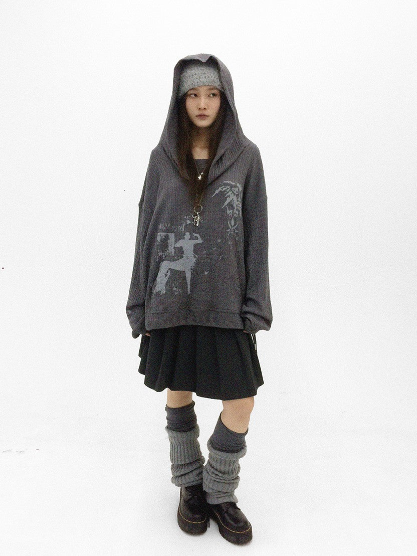 innomoood Cartoon Print Knit Off Shoulder Asymmetric Hooded Pullover Women&