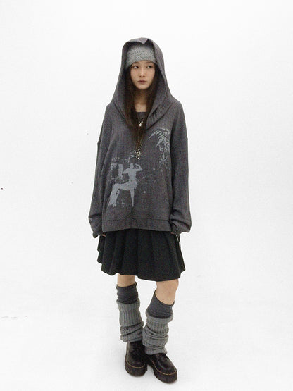 innomoood Cartoon Print Knit Off Shoulder Asymmetric Hooded Pullover Women&