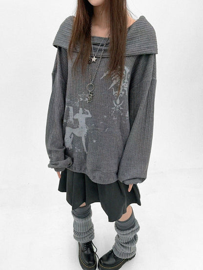 innomoood Cartoon Print Knit Off Shoulder Asymmetric Hooded Pullover Women&