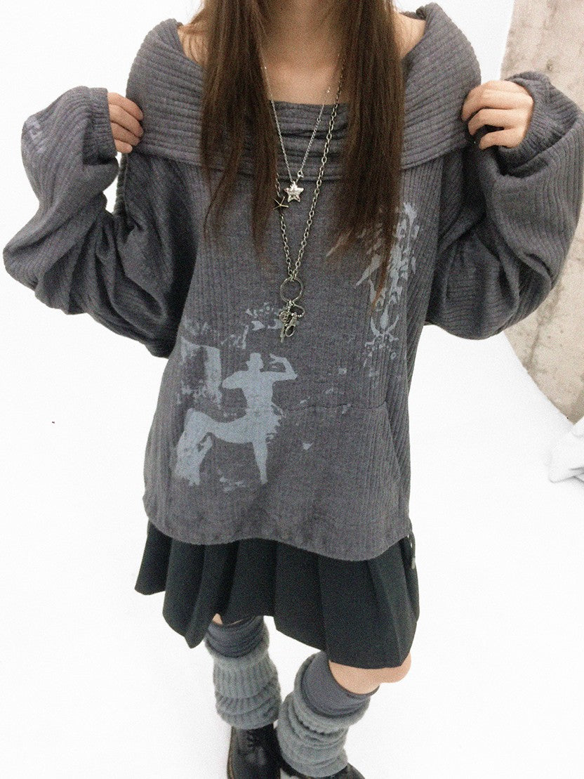innomoood Cartoon Print Knit Off Shoulder Asymmetric Hooded Pullover Women&