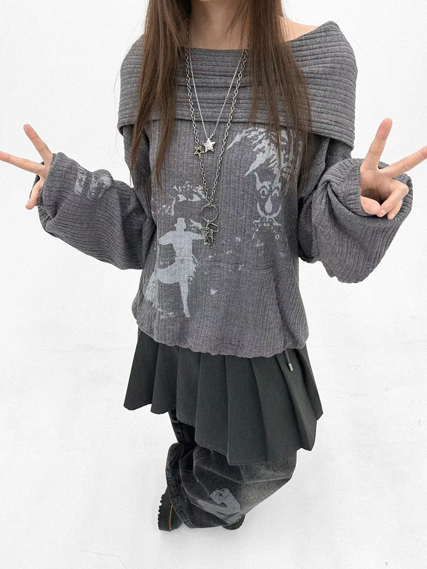 innomoood Cartoon Print Knit Off Shoulder Asymmetric Hooded Pullover Women&