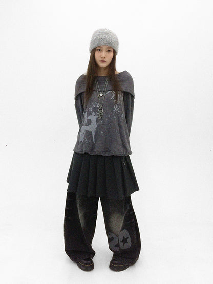 innomoood Cartoon Print Knit Off Shoulder Asymmetric Hooded Pullover Women&