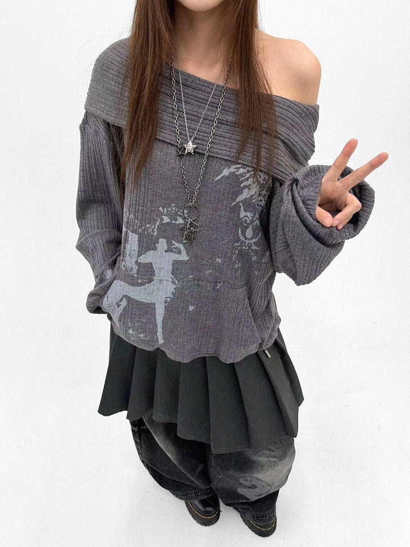 innomoood Cartoon Print Knit Off Shoulder Asymmetric Hooded Pullover Women&
