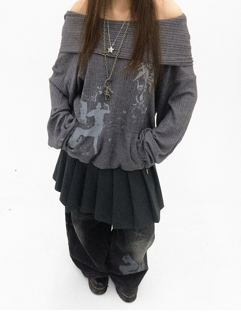 innomoood Cartoon Print Knit Off Shoulder Asymmetric Hooded Pullover Women&
