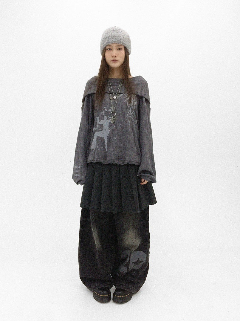 innomoood Cartoon Print Knit Off Shoulder Asymmetric Hooded Pullover Women&