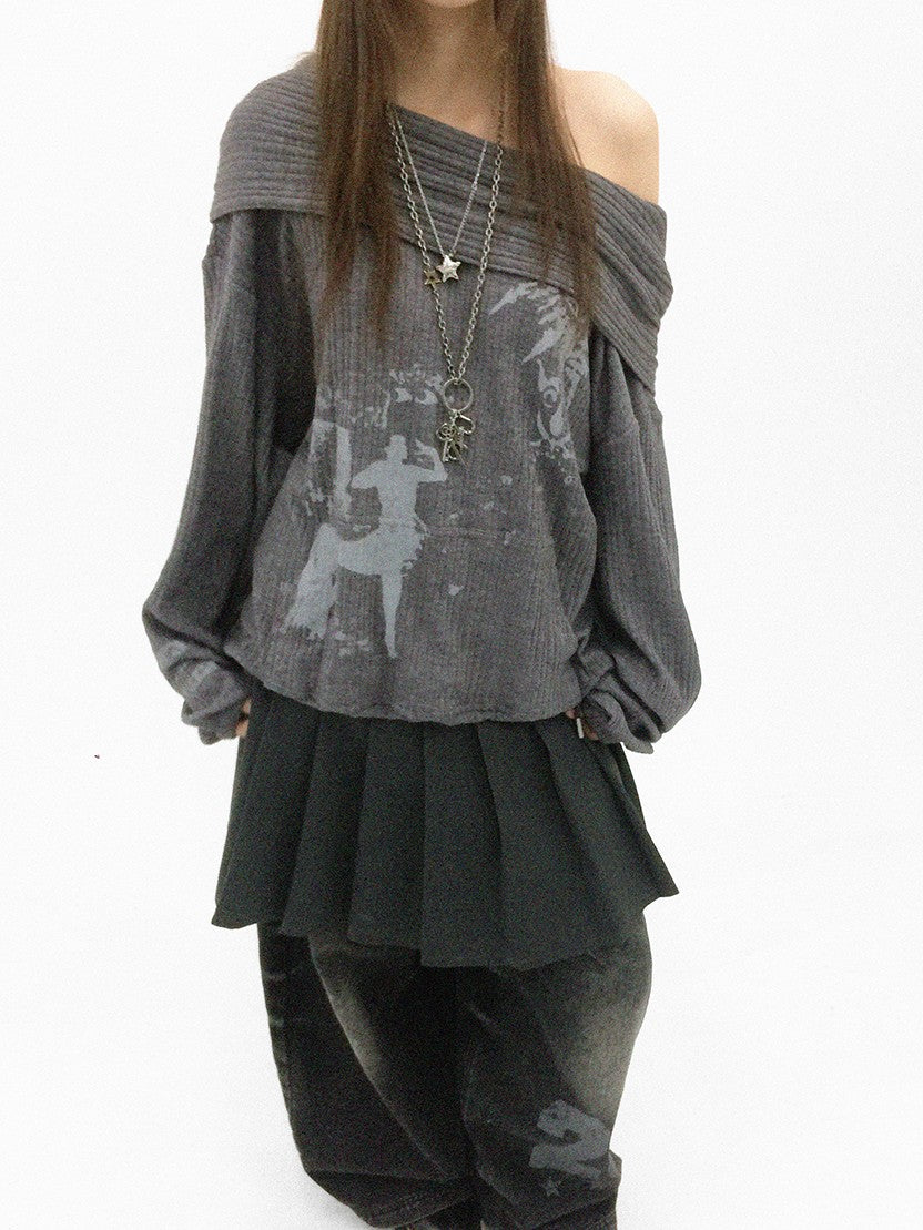 innomoood Cartoon Print Knit Off Shoulder Asymmetric Hooded Pullover Women&