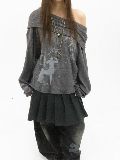 innomoood Cartoon Print Knit Off Shoulder Asymmetric Hooded Pullover Women&
