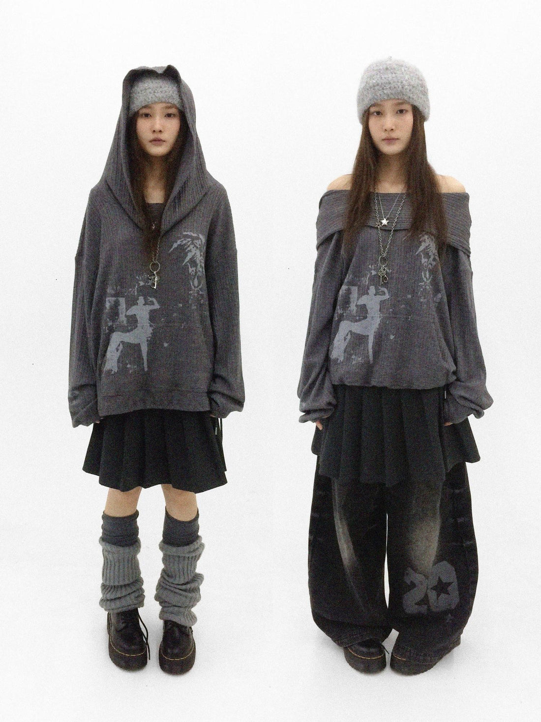 innomoood Cartoon Print Knit Off Shoulder Asymmetric Hooded Pullover Women&