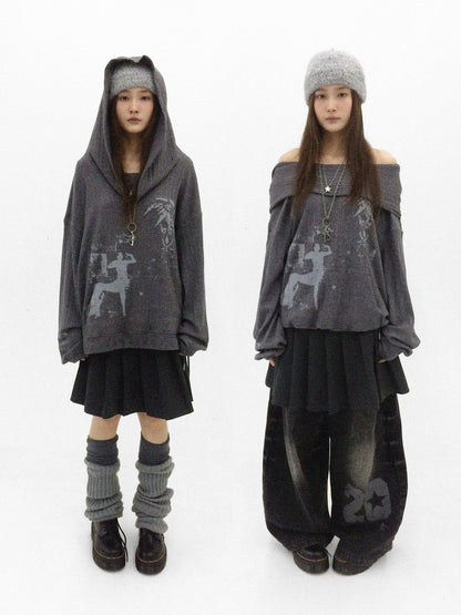 innomoood Cartoon Print Knit Off Shoulder Asymmetric Hooded Pullover Women&