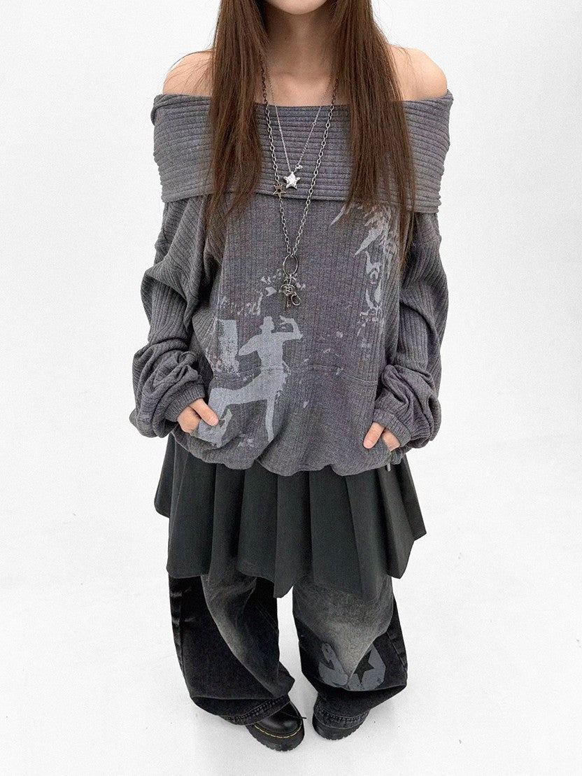 innomoood Cartoon Print Knit Off Shoulder Asymmetric Hooded Pullover Women&
