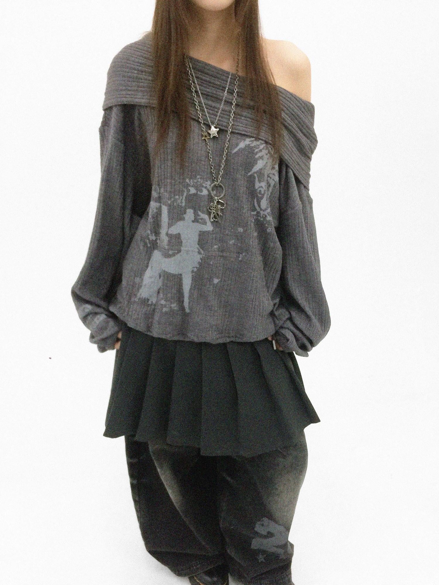 innomoood Cartoon Print Knit Off Shoulder Asymmetric Hooded Pullover Women&
