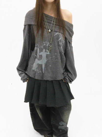 innomoood Cartoon Print Knit Off Shoulder Asymmetric Hooded Pullover Women&