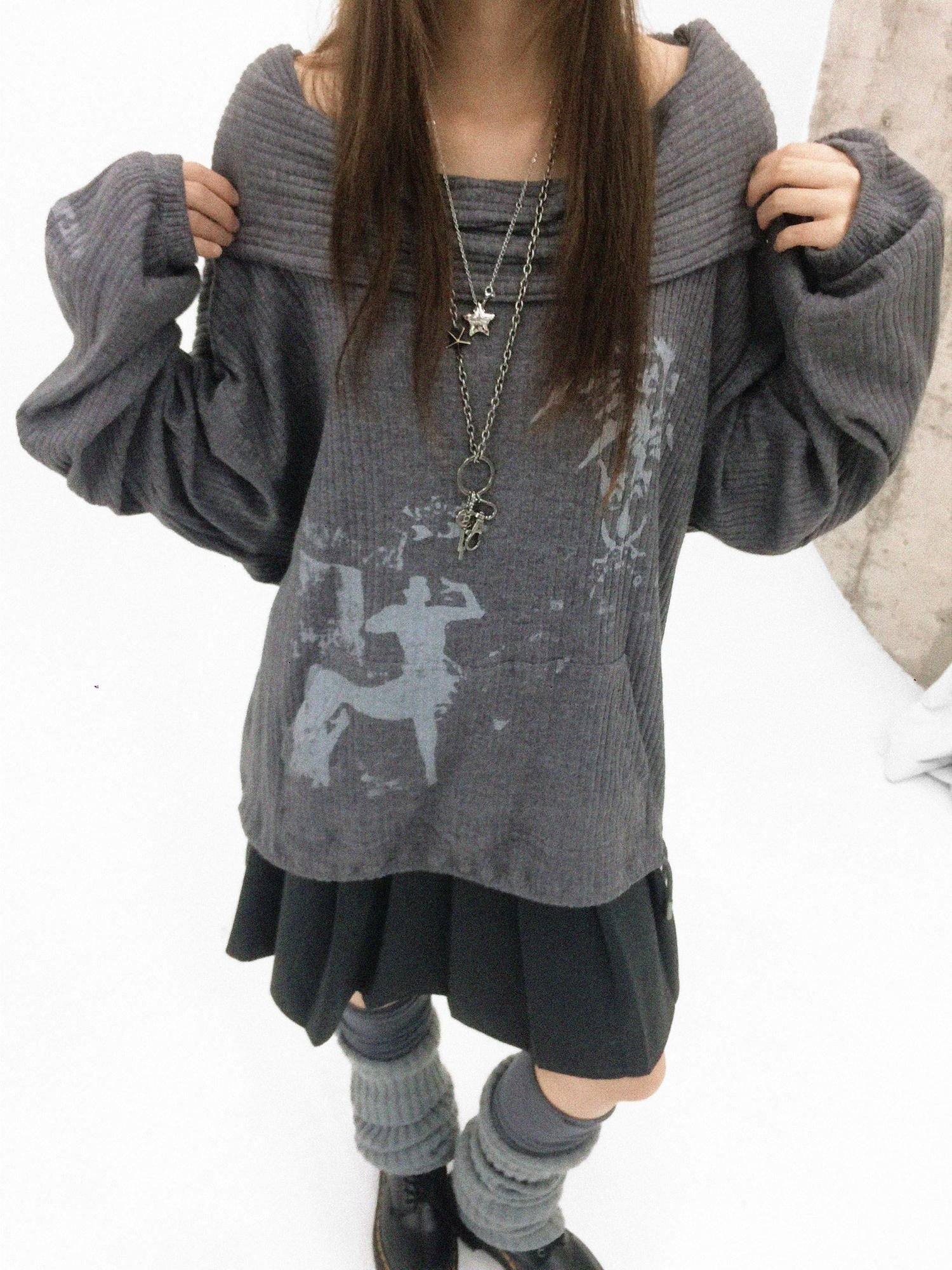 innomoood Cartoon Print Knit Off Shoulder Asymmetric Hooded Pullover Women&