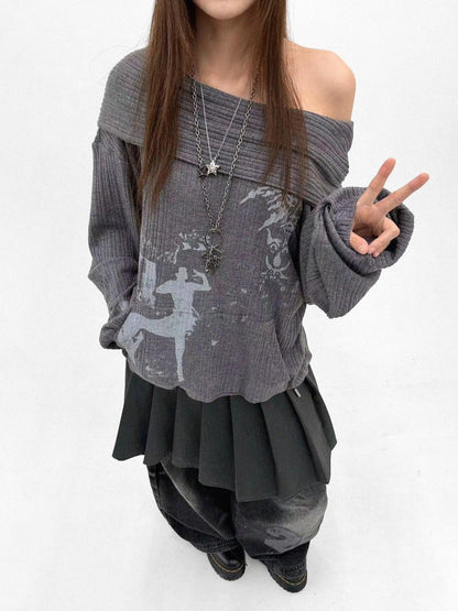 innomoood Cartoon Print Knit Off Shoulder Asymmetric Hooded Pullover Women&