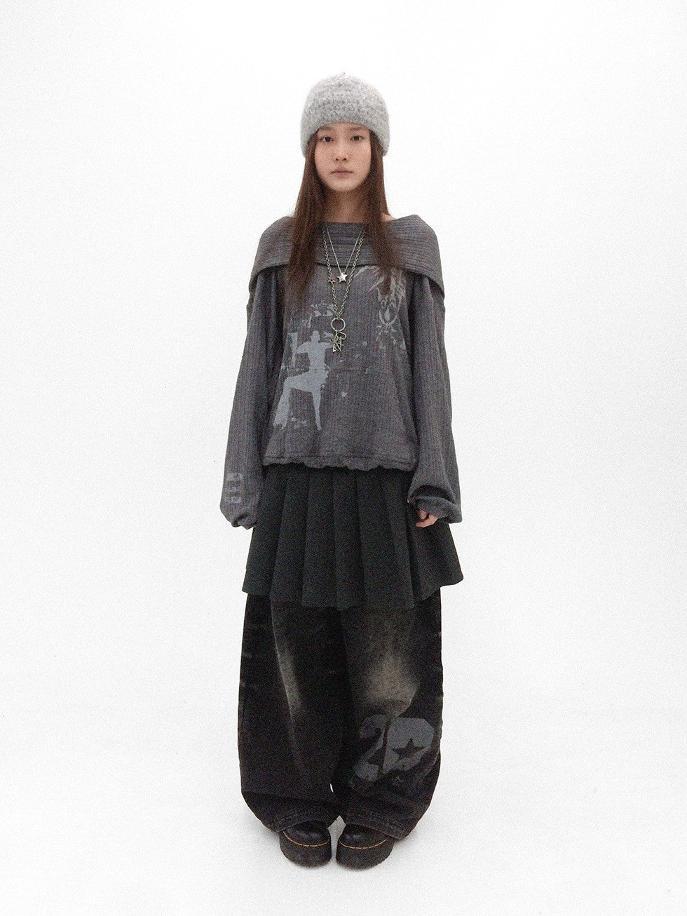 innomoood Cartoon Print Knit Off Shoulder Asymmetric Hooded Pullover Women&