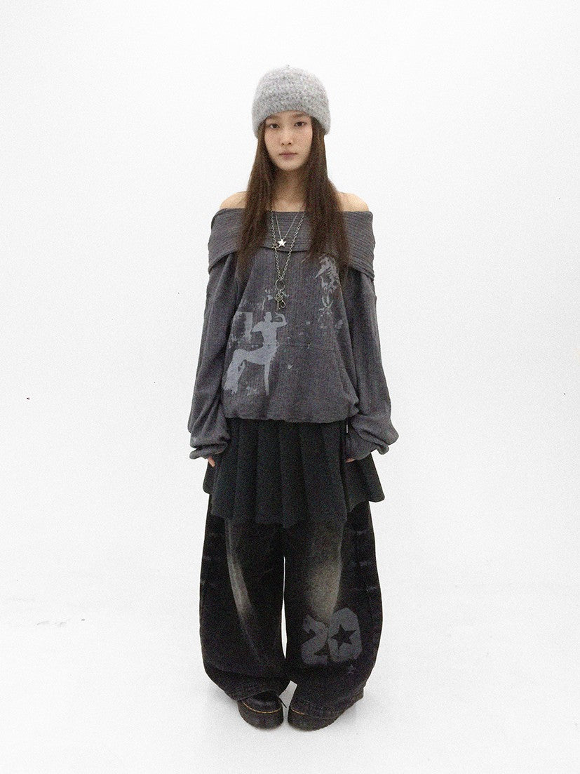 innomoood Cartoon Print Knit Off Shoulder Asymmetric Hooded Pullover Women&
