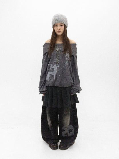 innomoood Cartoon Print Knit Off Shoulder Asymmetric Hooded Pullover Women&