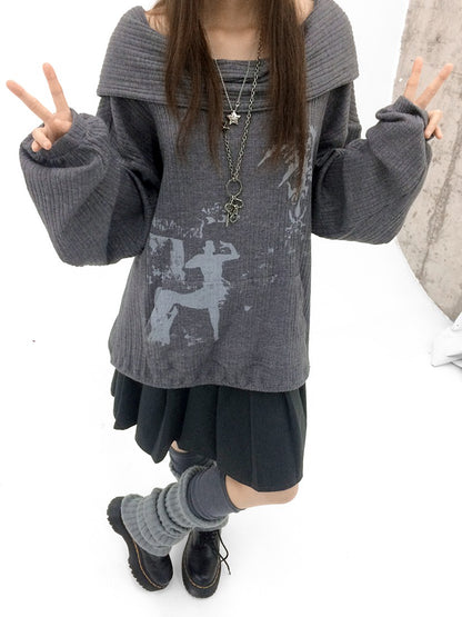 innomoood Cartoon Print Knit Off Shoulder Asymmetric Hooded Pullover Women&