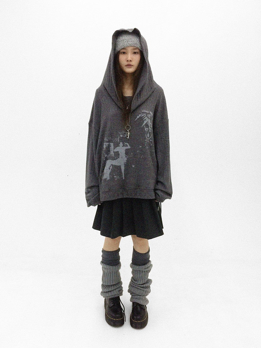 innomoood Cartoon Print Knit Off Shoulder Asymmetric Hooded Pullover Women&