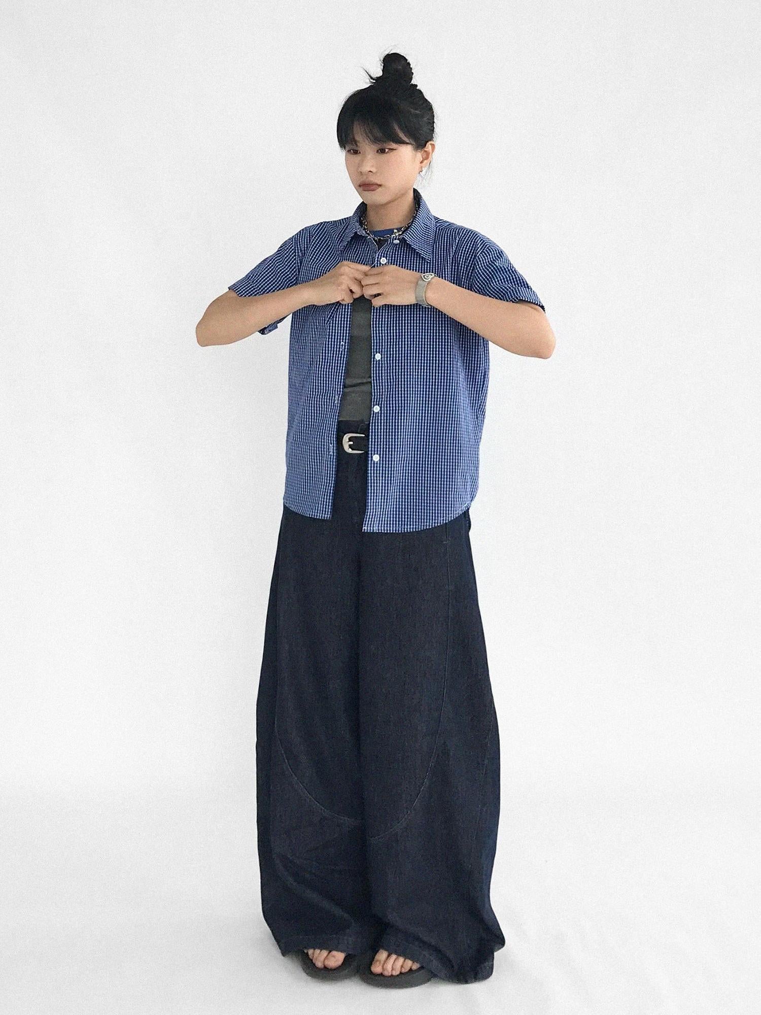 innomoood Classic Blue White Checked Slim Fit Short Sleeve Shirt