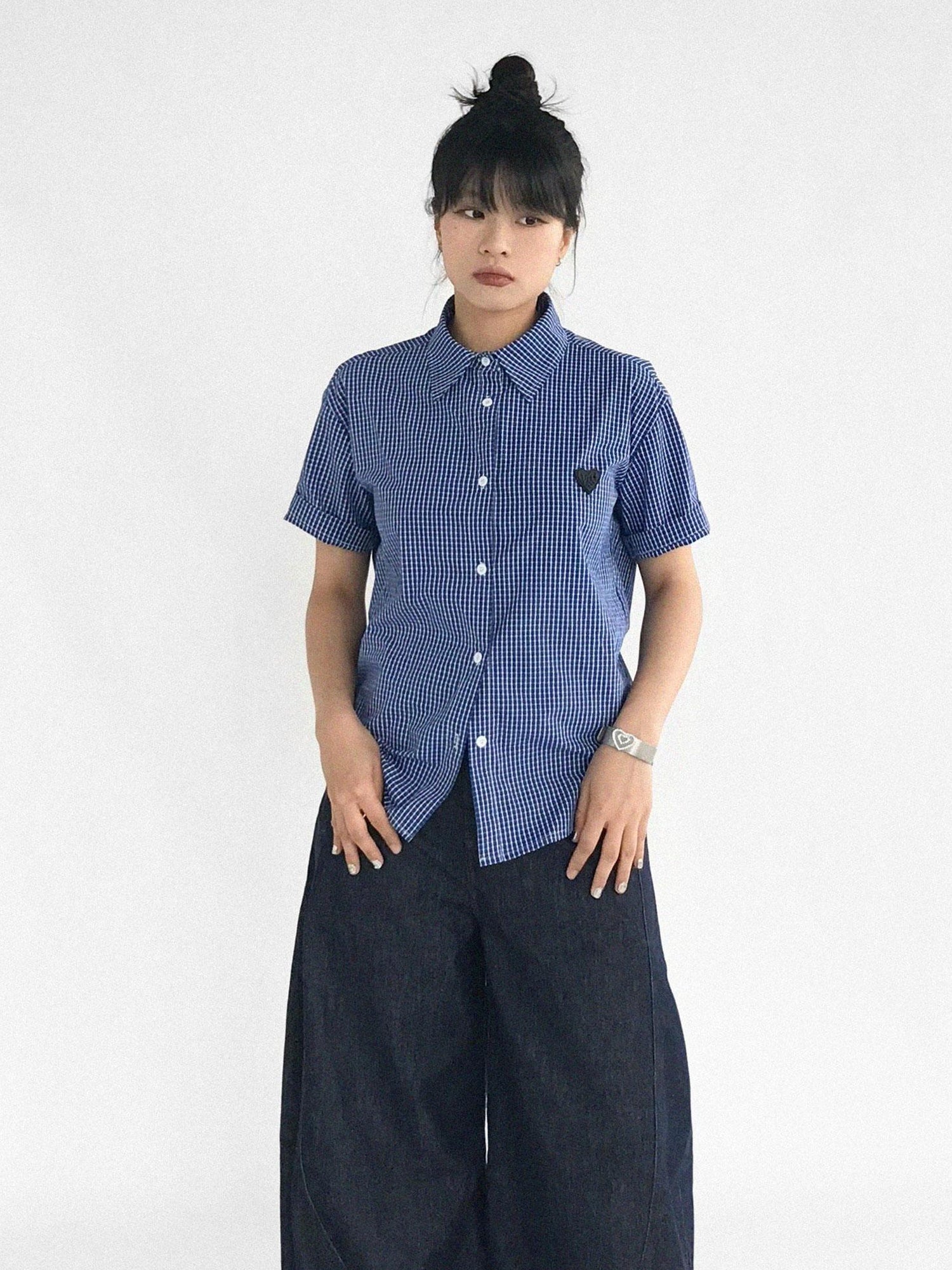 innomoood Classic Blue White Checked Slim Fit Short Sleeve Shirt