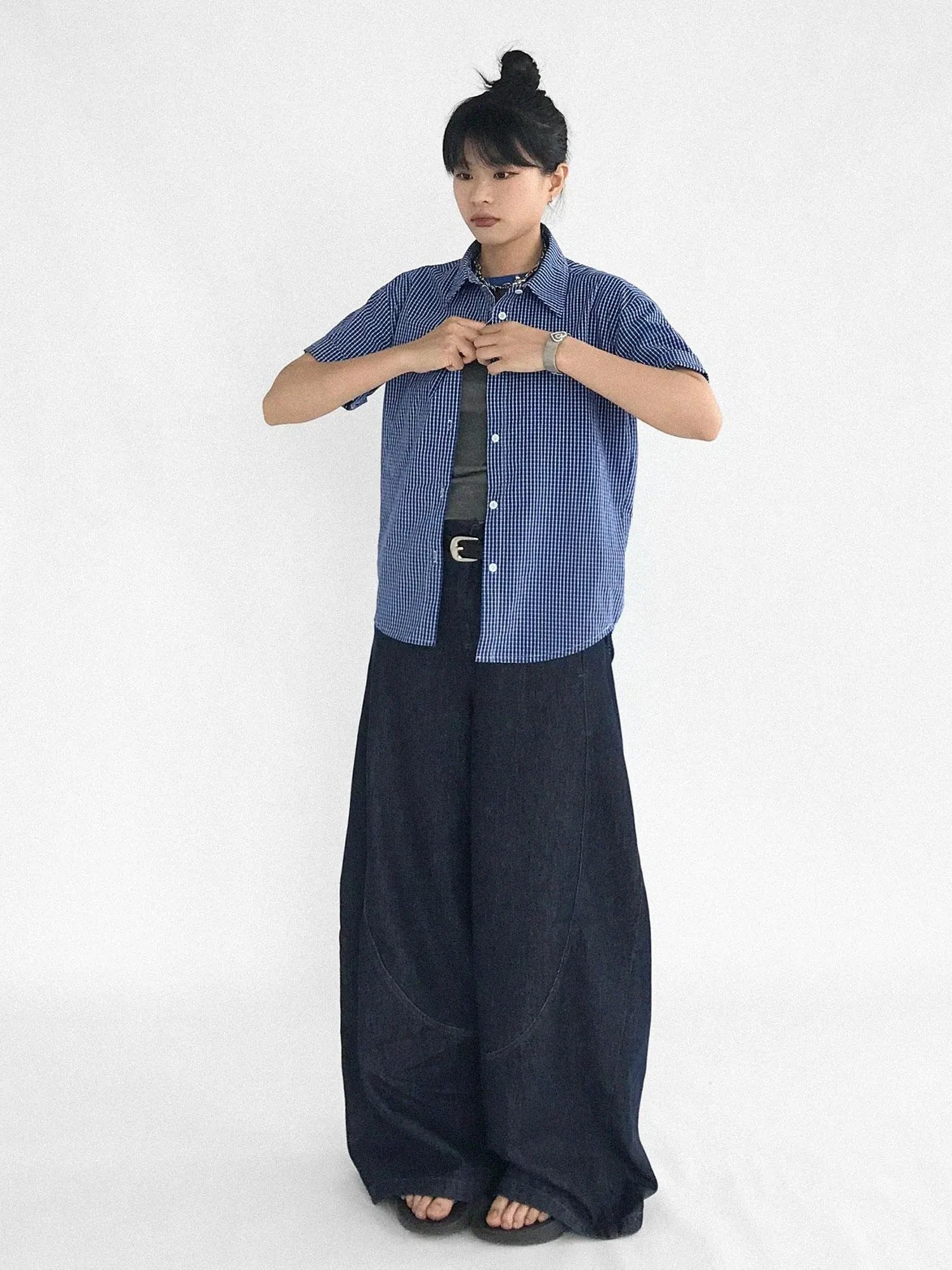 Classic Blue White Checked Slim Fit Short Sleeve Shirt