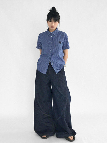 innomoood Classic Blue White Checked Slim Fit Short Sleeve Shirt