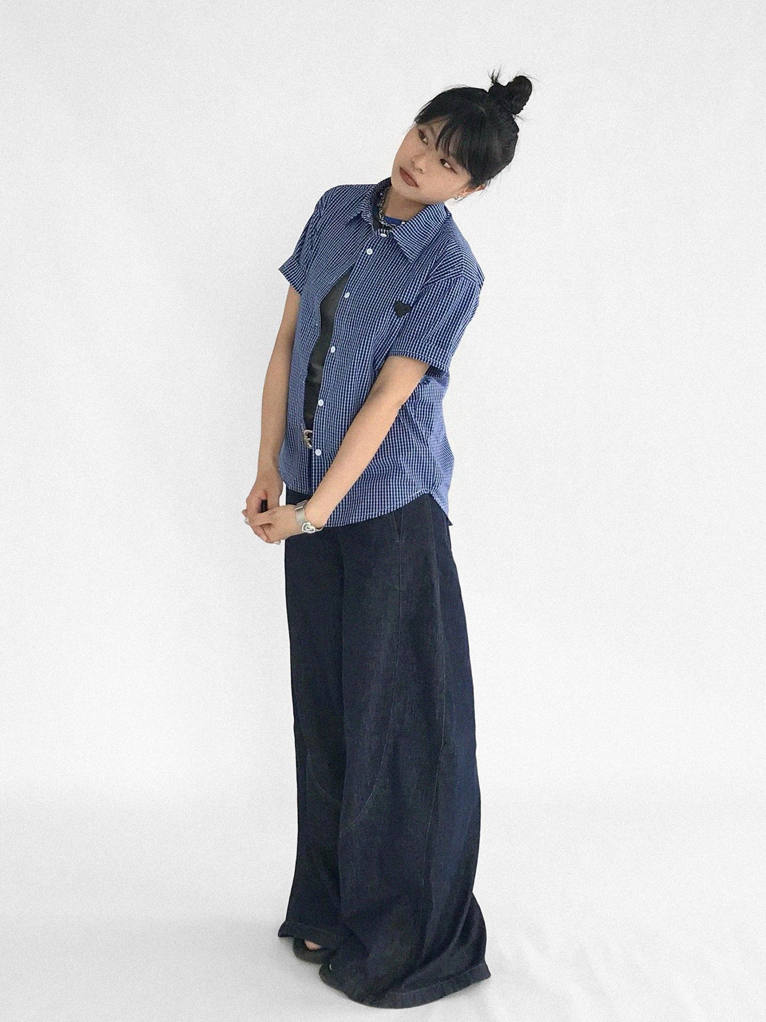 innomoood Classic Blue White Checked Slim Fit Short Sleeve Shirt