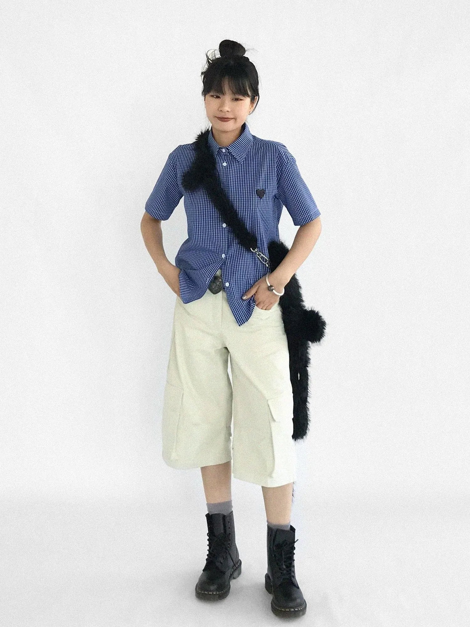 Classic Blue White Checked Slim Fit Short Sleeve Shirt