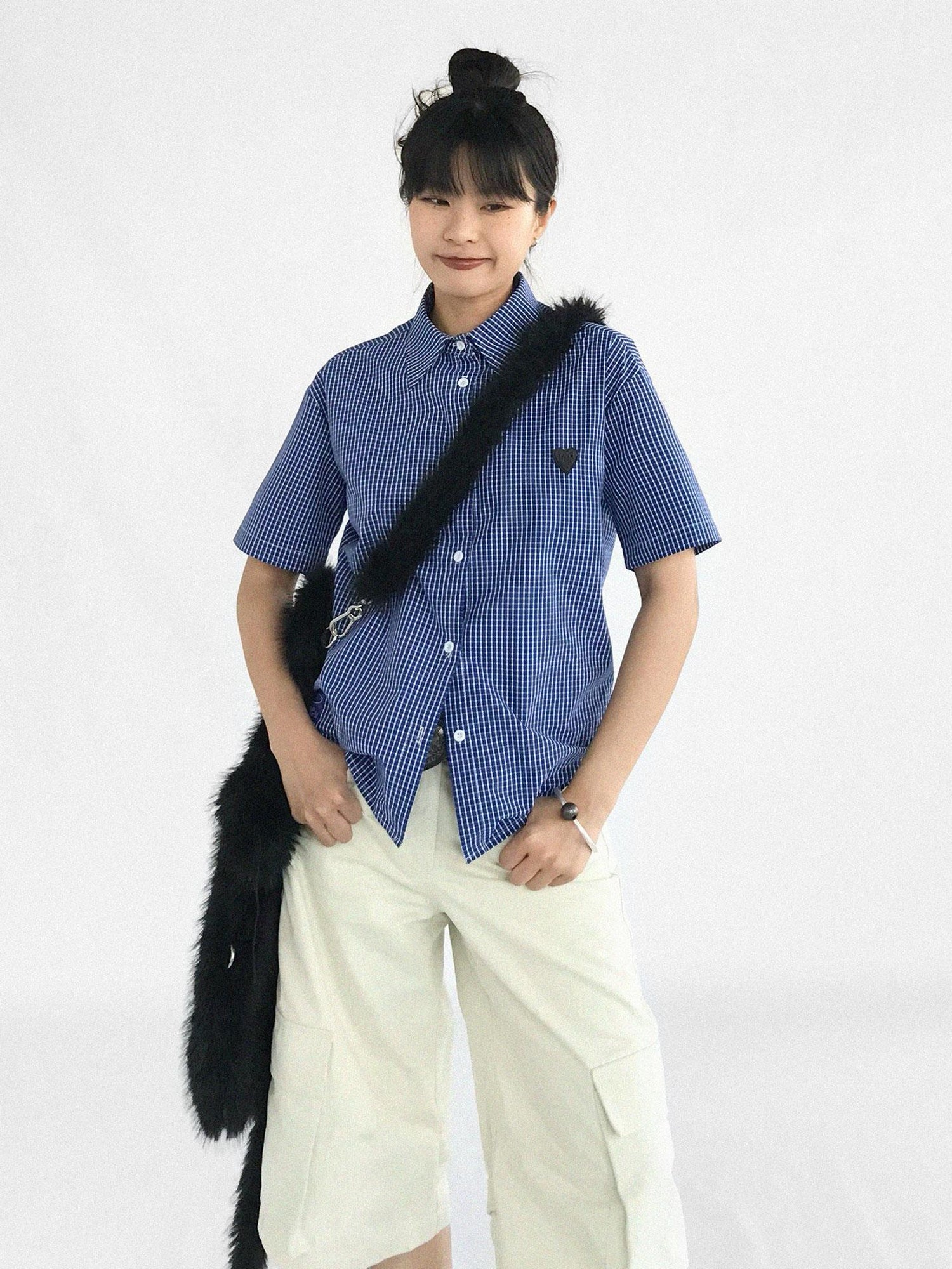innomoood Classic Blue White Checked Slim Fit Short Sleeve Shirt