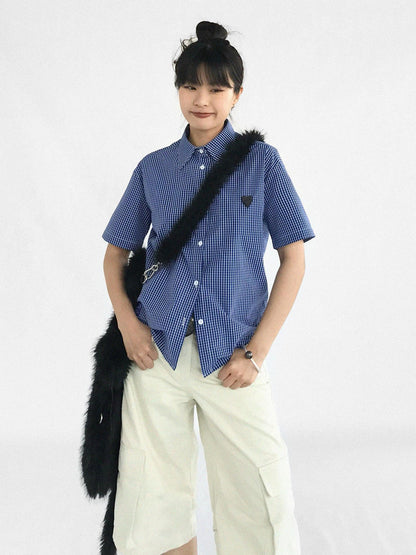 innomoood Classic Blue White Checked Slim Fit Short Sleeve Shirt