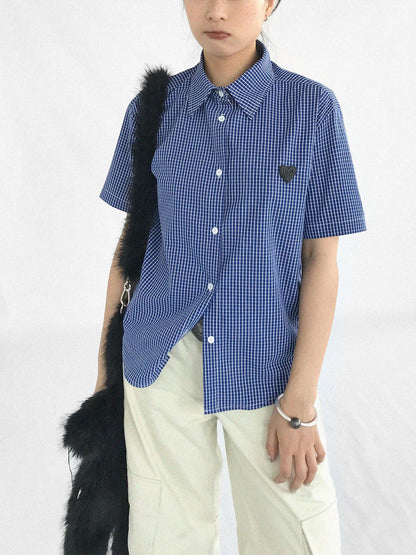 innomoood Classic Blue White Checked Slim Fit Short Sleeve Shirt