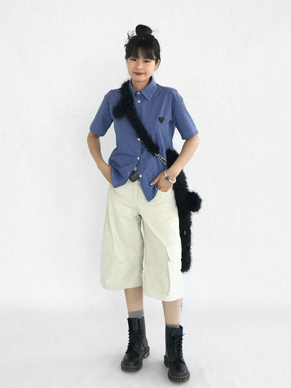 Classic Blue White Checked Slim Fit Short Sleeve Shirt