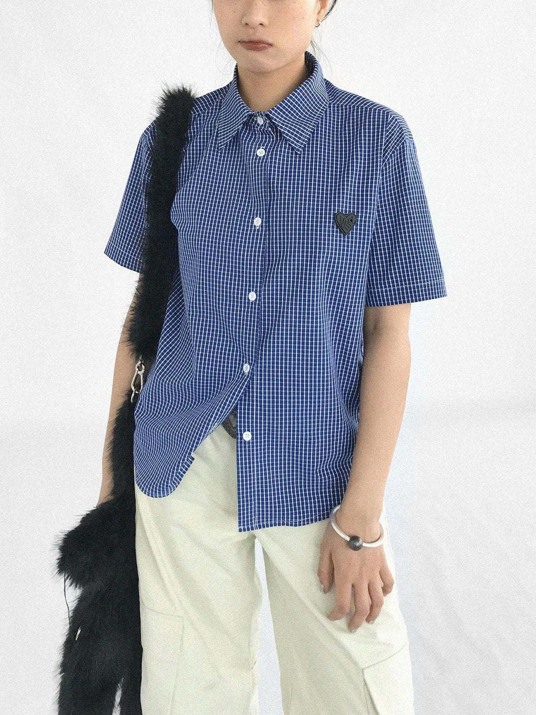 innomoood Classic Blue White Checked Slim Fit Short Sleeve Shirt
