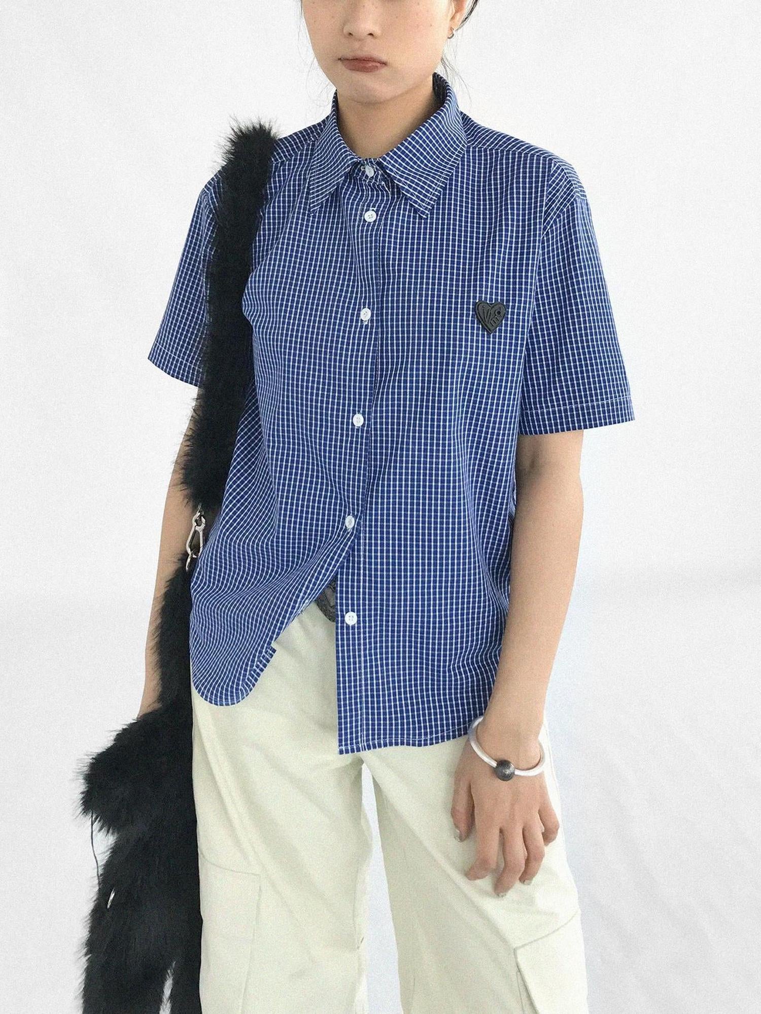 innomoood Classic Blue White Checked Slim Fit Short Sleeve Shirt