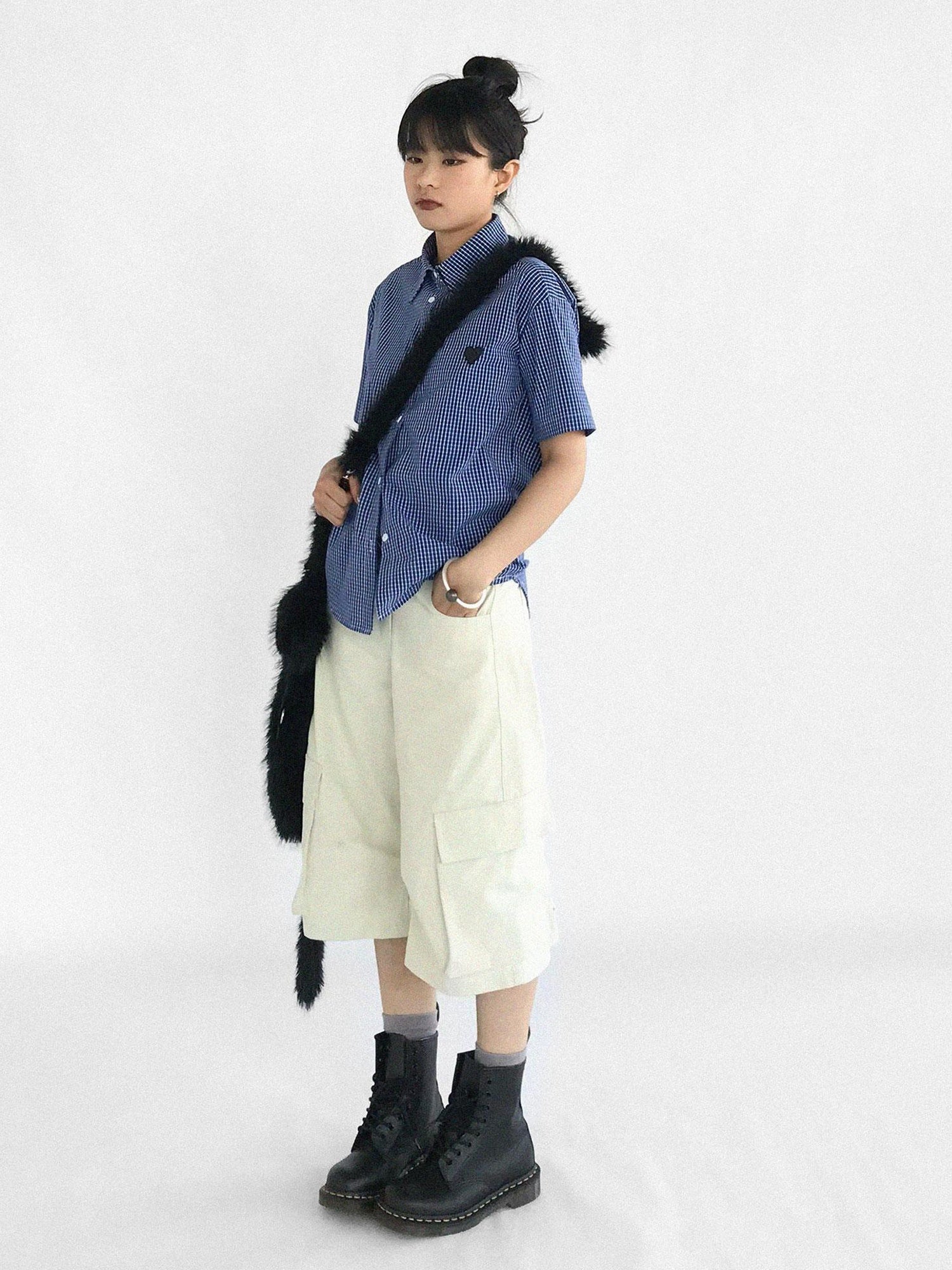 innomoood Classic Blue White Checked Slim Fit Short Sleeve Shirt