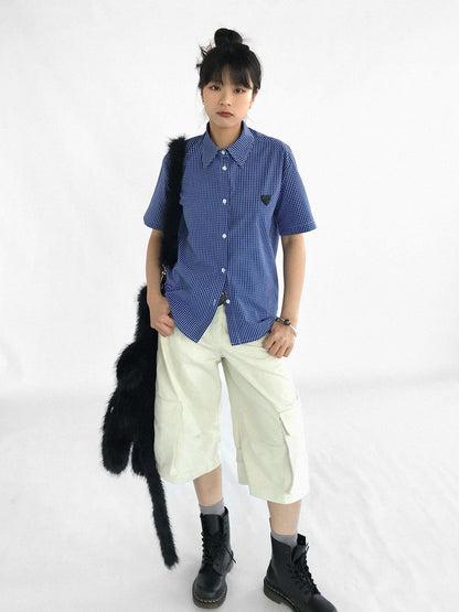 innomoood Classic Blue White Checked Slim Fit Short Sleeve Shirt