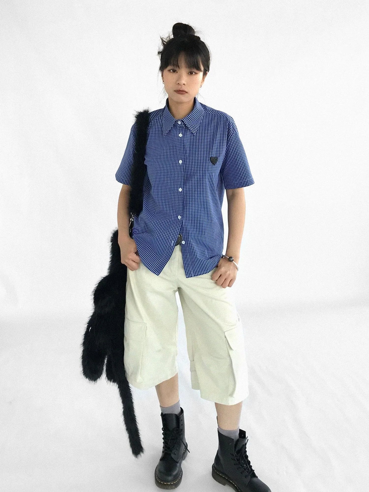 Classic Blue White Checked Slim Fit Short Sleeve Shirt