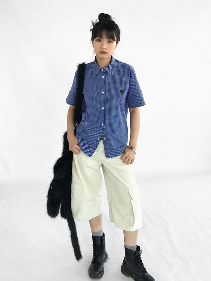 Classic Blue White Checked Slim Fit Short Sleeve Shirt