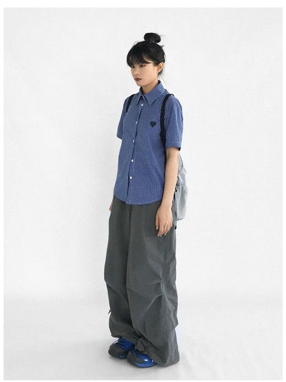innomoood Classic Blue White Checked Slim Fit Short Sleeve Shirt