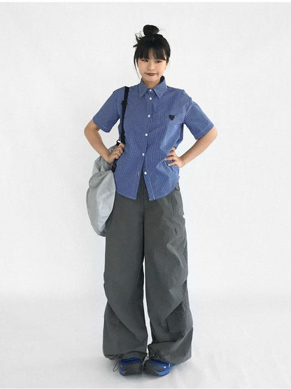 innomoood Classic Blue White Checked Slim Fit Short Sleeve Shirt