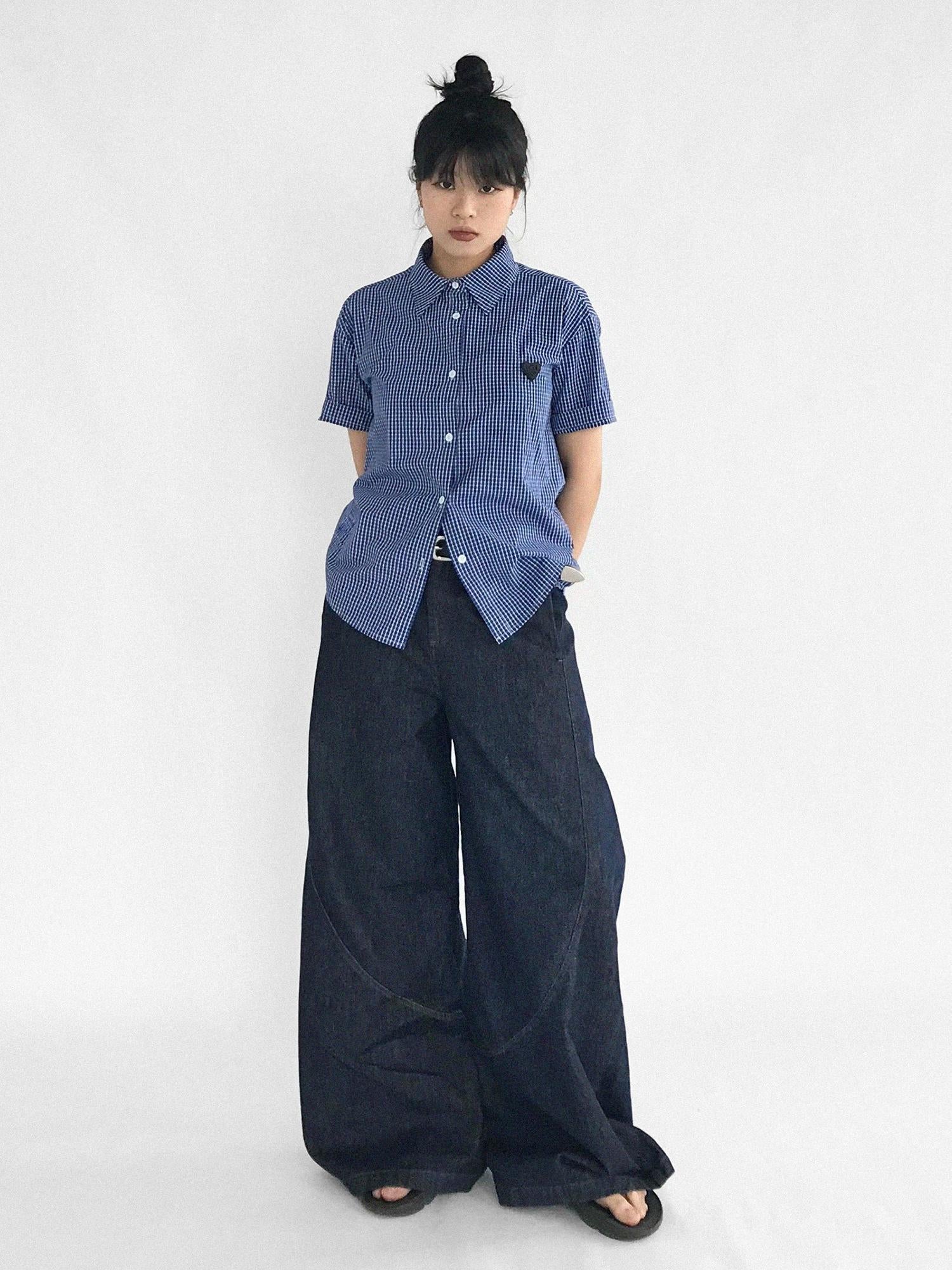 innomoood Classic Blue White Checked Slim Fit Short Sleeve Shirt