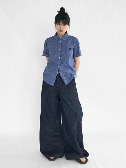 innomoood Classic Blue White Checked Slim Fit Short Sleeve Shirt