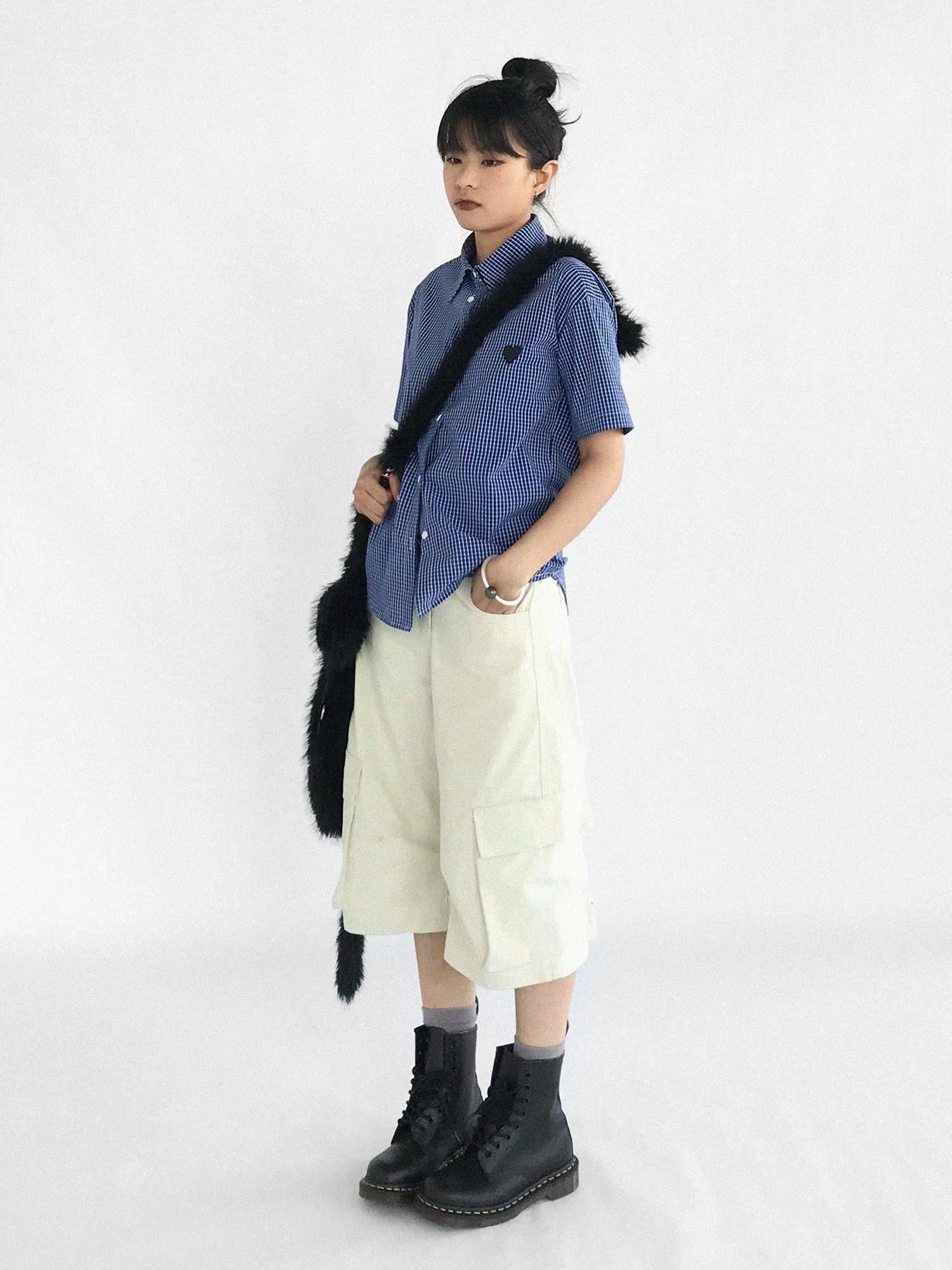 innomoood Classic Blue White Checked Slim Fit Short Sleeve Shirt