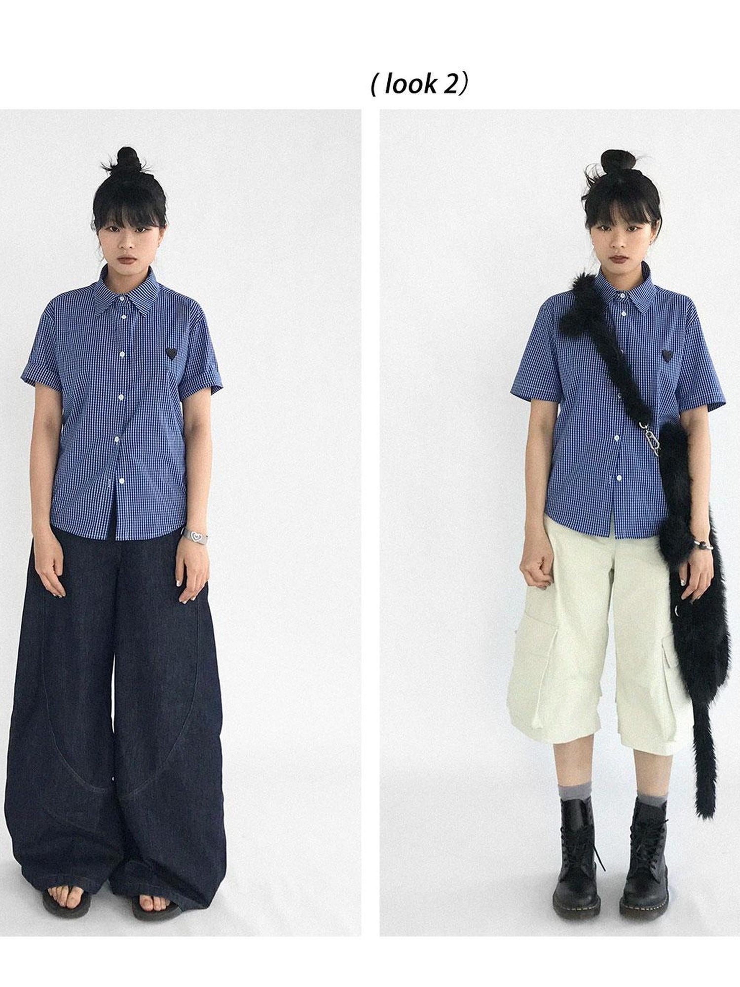 innomoood Classic Blue White Checked Slim Fit Short Sleeve Shirt