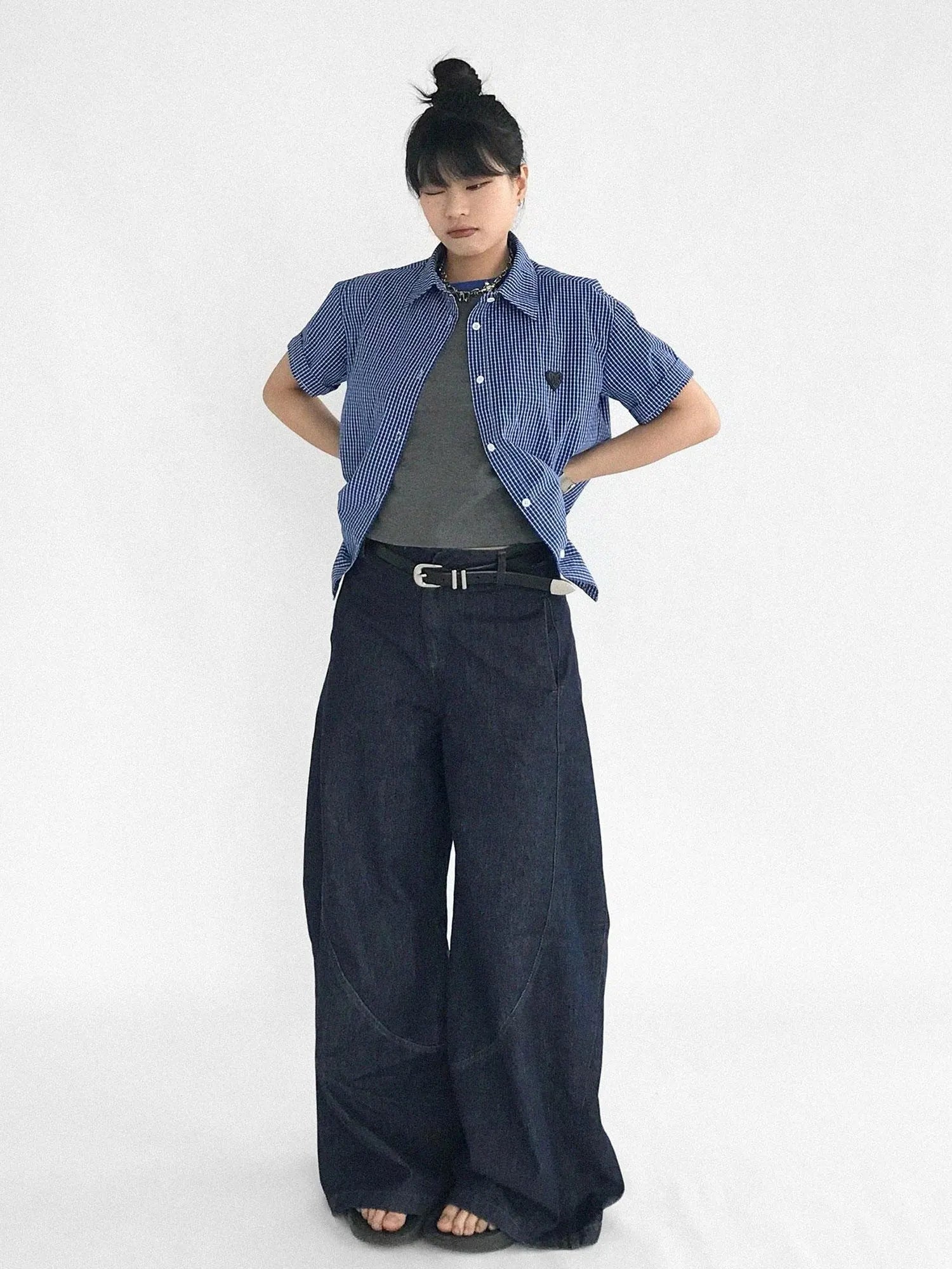 Classic Blue White Checked Slim Fit Short Sleeve Shirt