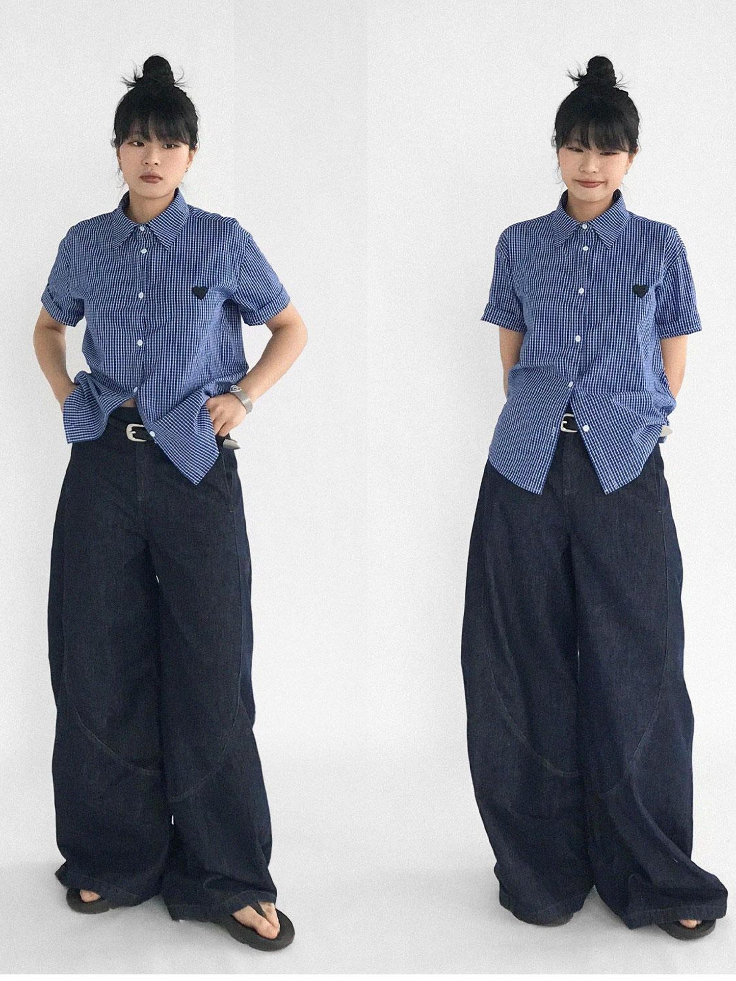 innomoood Classic Blue White Checked Slim Fit Short Sleeve Shirt